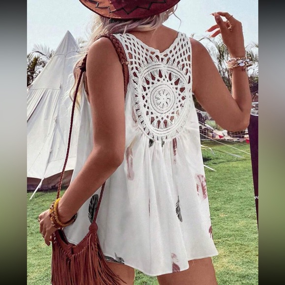 Boho feather print crochet back sleeveless top - Picture 5 of 8